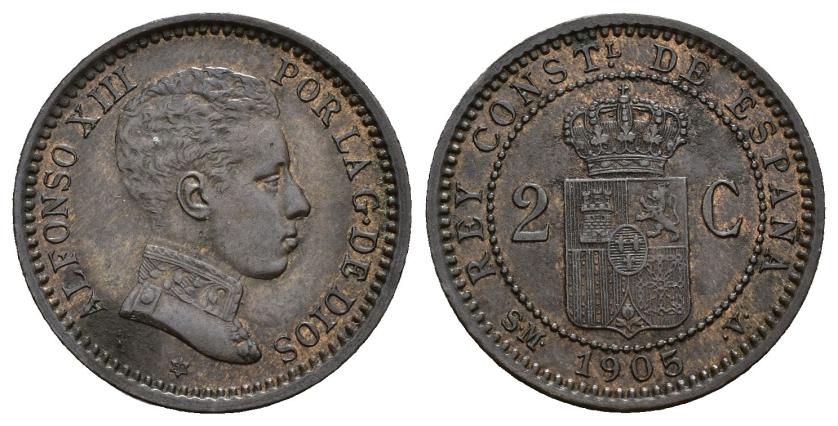 506   -  ALFONSO XIII. 5 céntimos. 1905 *05 invertido (50). Madrid. SMV. Cu 2,05 g. 19,9 mm. AC-12. R.B.O. EBC/EBC-. Rara.