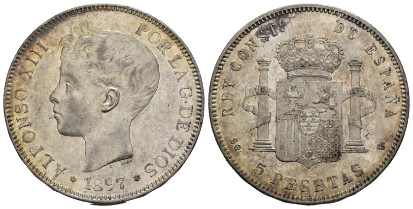 511   -  ALFONSO XIII. 5 pesetas. 1897*18-97. Madrid. SGV. AR 24,86 g. 37,2 mm. VII-189. EBC/EBC-.