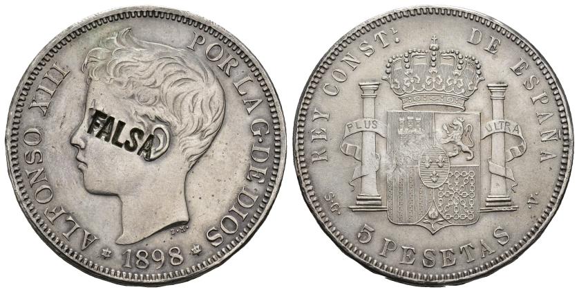 512   -  ALFONSO XIII. 5 pesetas. 1898*18-98. Madrid. SGV. Resello FALSA. 25,58 g. 37,3 mm. EBC-. 
