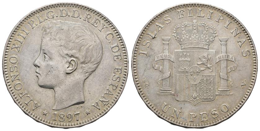 513   -  ALFONSO XIII. 1 peso. 1897. Manila. SGV. AR 24,85 g. 37,4 mm. VII-192. Pequeñas marcas. MBC+.