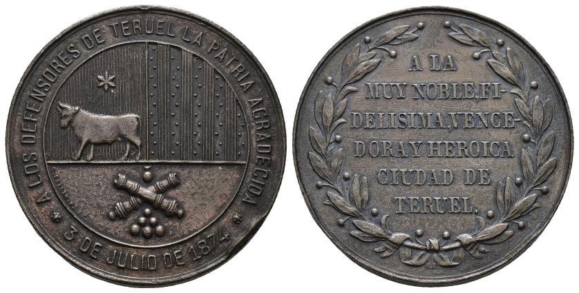 516   -  MEDALLAS CARLISTAS. A los defensores de Teruel, la Patria agradecida. 3 de julio de 1874. AE 22,9 g. 34,74 mm. Golpe en canto. EBC-.