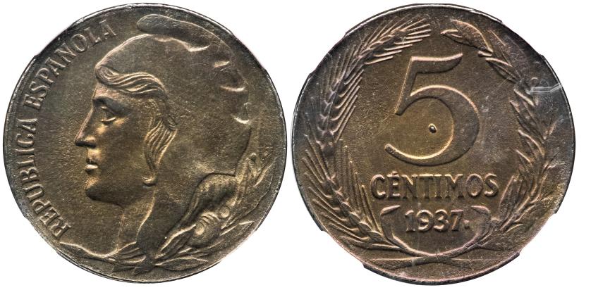 521   -  II REPÚBLICA. 5 céntimos. Prueba en cobre. 1937. Similar en VII-206. SC. Encapsulada. Muy rara.