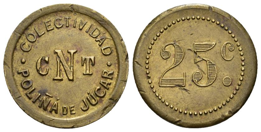 523   -  II REPÚBLICA. Ficha colectividad Poliñá de Júcar. CNT 25 c. 3.25 g. 23.6 mm. Pequeñas marcas. MBC+.