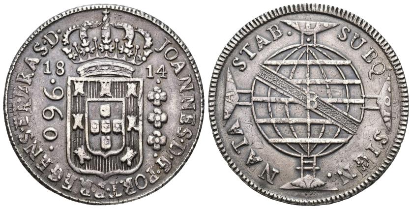 545   -  MONEDAS EXTRANJERAS. BRASIL. Juan VI. 960 reis. 1814-B. AR 26,62 g. 40,4 mm. KM-307.3. MBC+.