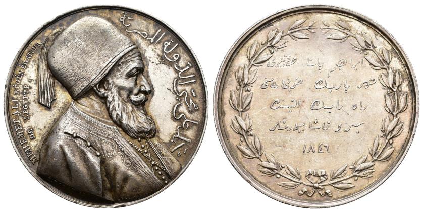 550   -  MONEDAS EXTRANJERAS. EGIPTO. Medalla. 1849. Mehemet Ali, regenerador de Egipto. Cobre plateado 51, 45 mm. Algún golpecito en canto. EBC-. 