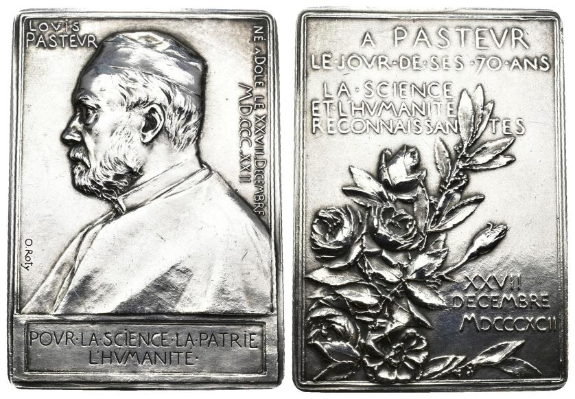 555   -  MONEDAS EXTRANJERAS. FRANCIA. Placa. Luis Pasteur con motivo de su 70 cumpleaños. 27-XII-1892. 77,5 g. 67x 48 mm. EBC.