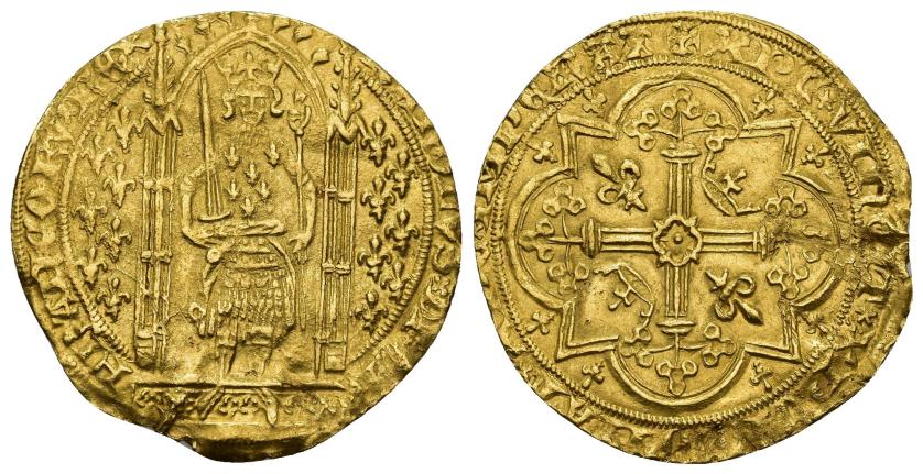 558   -  MONEDAS EXTRANJERAS. FRANCIA. Carlos V (1338-1389). Franco a pie. AU 3,79 g. 27,6 mm. Dup-360. Ligeramente alabeada. Pequeña grieta. MBC+.