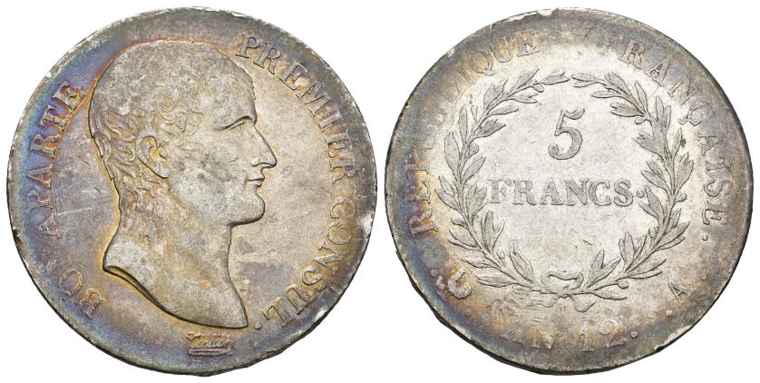 559   -  MONEDAS EXTRANJERAS. FRANCIA. Napoleón I. 5 francos. AN 12 A. AR 24,67 g. 37,2 mm. KM-659.1. MBC+/MBC.