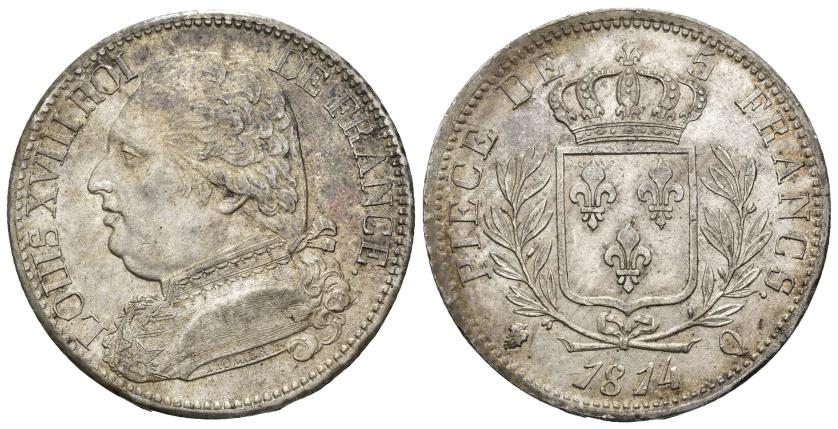 560   -  MONEDAS EXTRANJERAS. FRANCIA. Luis XVIII. 5 francos. 1814. Q. AR 25 g. 37,2 mm. KM-702.11. EBC-/MBC+.