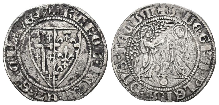 570   -  MONEDAS EXTRANJERAS. ESTADOS ITALIANOS. Nápoles. Carlos I de Anjou (1266-1285). Saluto. A/ Escudo. R/ Anunciación; AVE GRA PLENA DNS TECUM. AR 2,80 g. 25 mm. MEC 14, 677 ss. MIR-20. Pequeña rotura al borde y rayita. MBC-.