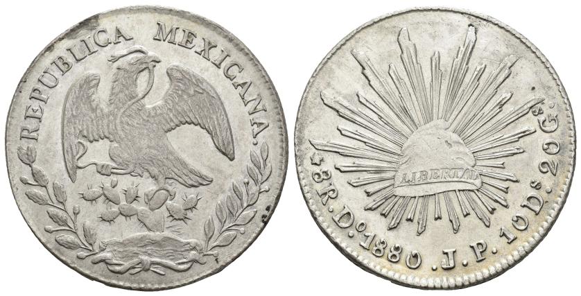 589   -  MONEDAS EXTRANJERAS. MÉXICO. 8 reales. 1880. Durango. JP. AR 26,95 g. 39,6 mm. KM-377.4. Pequeñas marcas. EBC-.