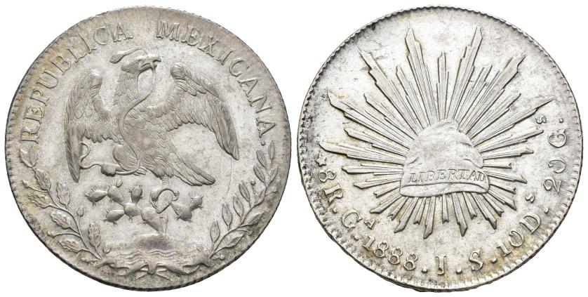 590   -  MONEDAS EXTRANJERAS. MÉXICO. 8 reales. 1888. Guadalajara. FS. AR 27,08 g. 39,1 mm. KM-377.6. EBC-.