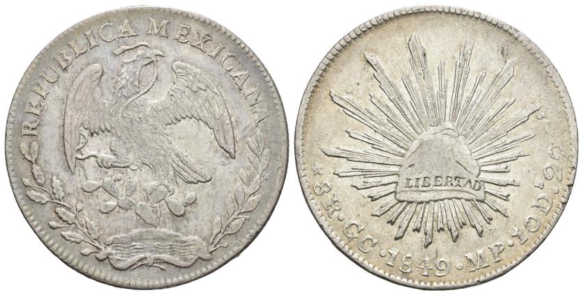 591   -  MONEDAS EXTRANJERAS. MÉXICO. 8 reales. 1849. Guadalupe y Calvo. MP. AR 27,2 g. 39,7 mm. KM-377.7. MBC+/EBC-. Rara.