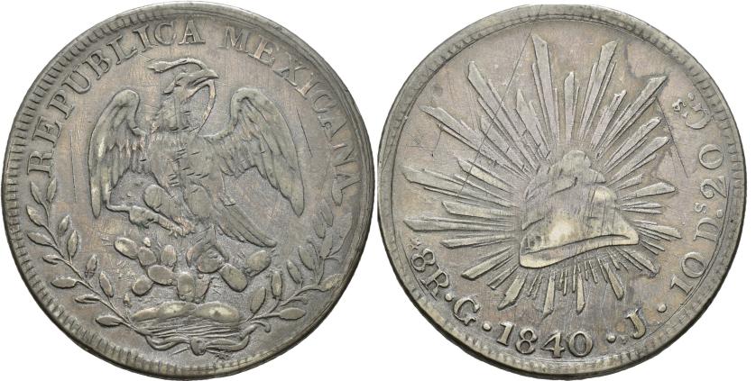 592   -  MONEDAS EXTRANJERAS. MÉXICO. 8 reales. 1840. Guanajuato. J. Falsa de época. AR 26,11 g. 39,2 mm. KM-377.8. Rayas de ajuste. MBC.