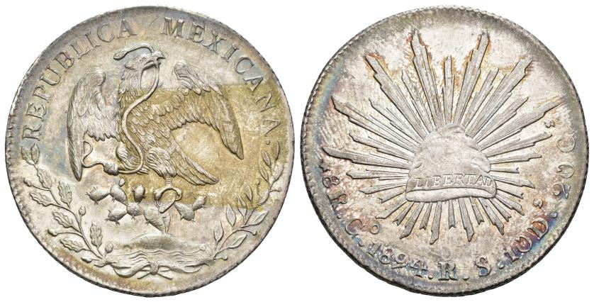 593   -  MONEDAS EXTRANJERAS. MÉXICO. 8 reales. 1894. Guanajuato. RS. AR 25,81 g. 39,1 mm. KM-377.8. B.O. EBC.