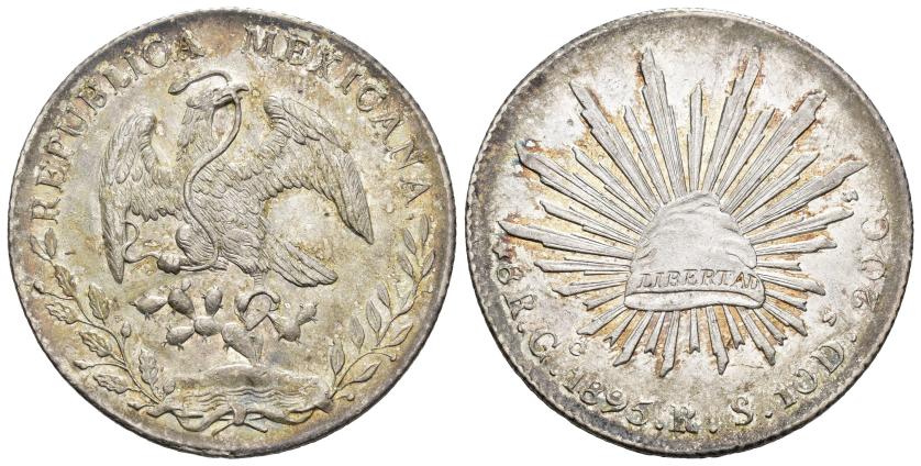 594   -  MONEDAS EXTRANJERAS. MÉXICO. 8 reales. 1895. Guanajuato. RS. AR 27,05 g. 39,1 mm. KM-377.8. Pequeñas marcas. B.O. EBC+.