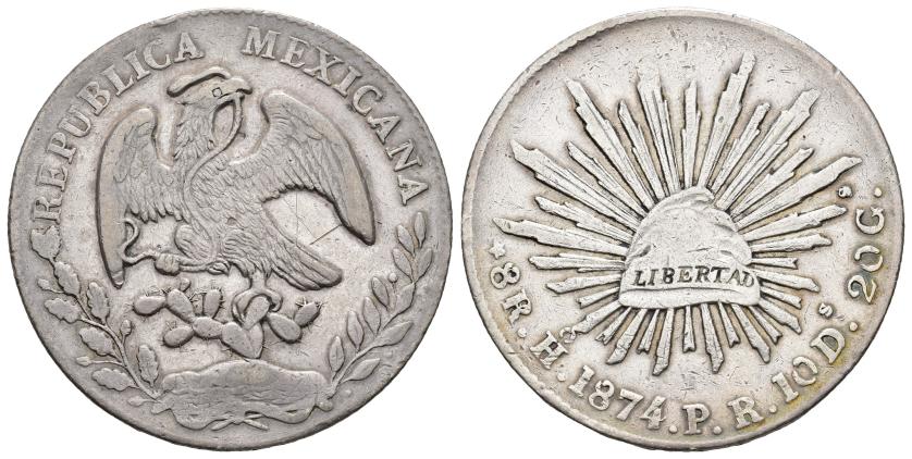 595   -  MONEDAS EXTRANJERAS. MÉXICO. 8 reales. 1874. Hermosillo. PR. AR 26,19 g. 38,7 mm. KM-377.9. Rayitas. MBC/MBC+. Escasa.