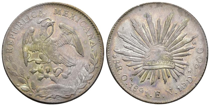 597   -  MONEDAS EXTRANJERAS. MÉXICO. 8 reales. 1891. Oaxaca. EN. AR 27,12 g. 39,4 mm. KM-377.11. B.O. EBC+.