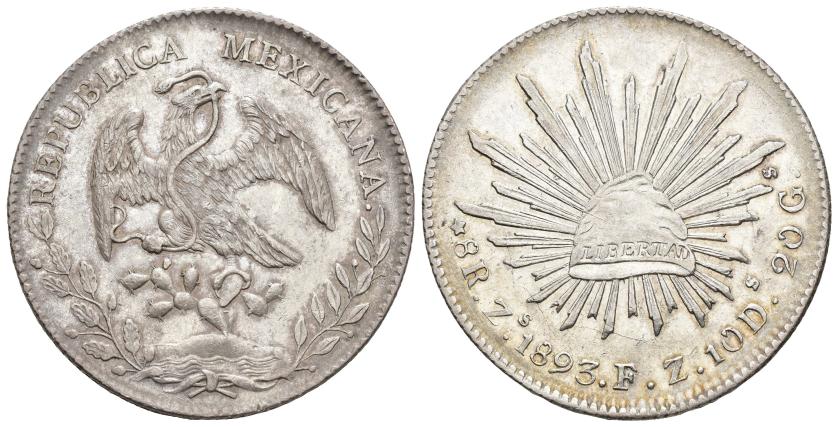 600   -  MONEDAS EXTRANJERAS. MÉXICO. 8 reales. 1893. Zacatecas. FZ. AR 26,97 g. 39,8 mm. KM-377.13. R.B.O. EBC.