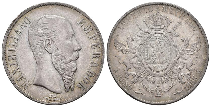 601   -  MONEDAS EXTRANJERAS. MÉXICO. Maximiliano. 1 peso. 1866. México. AR 27,18 g. 37,4 mm. KM-388.1. Ligera pátina. EBC-. 