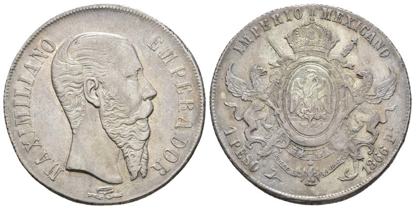 602   -  MONEDAS EXTRANJERAS. MÉXICO. Maximiliano I. 1 peso. 1866. Potosí. AR 27,07 g. 37,5 mm. KM-388.2. EBC-. 