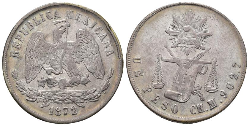 603   -  MONEDAS EXTRANJERAS. MÉXICO. 1 peso. 1872. Chihuahua. M. AR 27,17 g. 37,9 mm. KM-408. MBC+/EBC-.