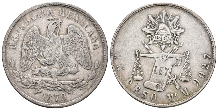607   -  MONEDAS EXTRANJERAS. MÉXICO. 1 peso. 1870. México. M. AR 27,09 g. 37,2 mm. KM-408.5. MBC+.