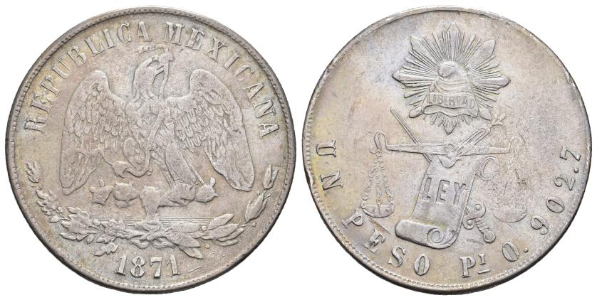 608   -  MONEDAS EXTRANJERAS. MÉXICO. 1 peso. 1871. Potosí. O. 27,08 g. 37,2 mm. KM-408.7. Golpecito en gráfila y pequeñas marcas. MBC.