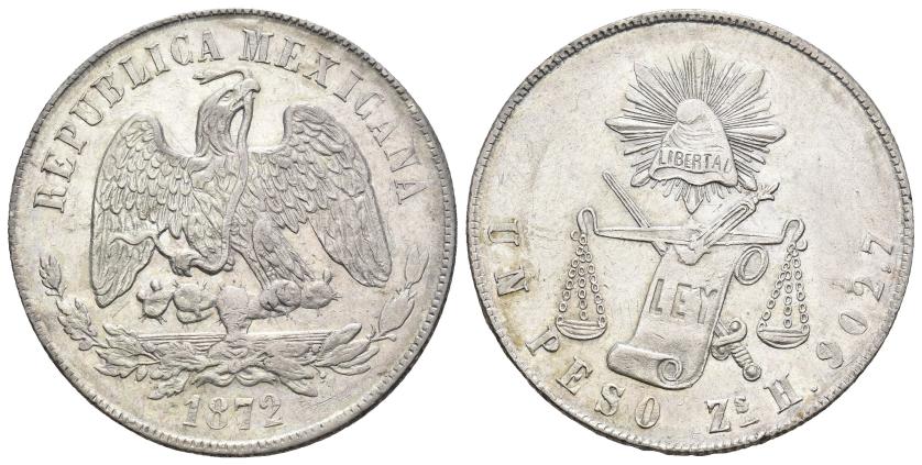 609   -  MONEDAS EXTRANJERAS. MÉXICO. 1 peso. 1872. Zacatecas. H. AR 27,06 g. 37,01 mm. KM-408.8. Pequeñas marcas. MBC+.