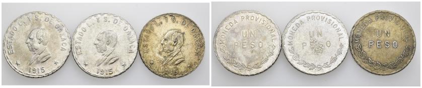 611   -  MONEDAS EXTRANJERAS. MÉXICO. Lote de 3 monedas de 1 peso. 1915. Oaxaca. KM-740.1. MBC+/EBC.