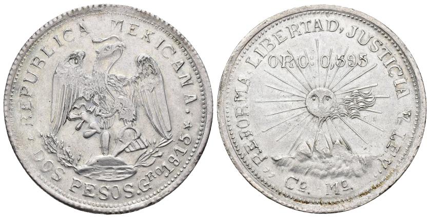 614   -  MONEDAS EXTRANJERAS. MÉXICO. 2 pesos. 1915. Guerrero (Campo Morado). AR 23,80 g. 38,7 mm. KM-660. EBC-/MBC+. Rara.