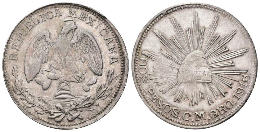 615   -  MONEDAS EXTRANJERAS. MÉXICO. 2 pesos. 1915. Guerrero (Campo Morado). AR 16,72 g. 34,9 mm. KM-660. MBC+/MBC-. 