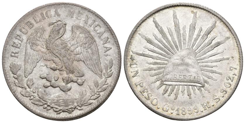 617   -  MONEDAS EXTRANJERAS. MÉXICO. 1 peso. 1899. Guanajuato. RS. AR 26,98 g. 38,6 mm. KM-409.1. EBC-