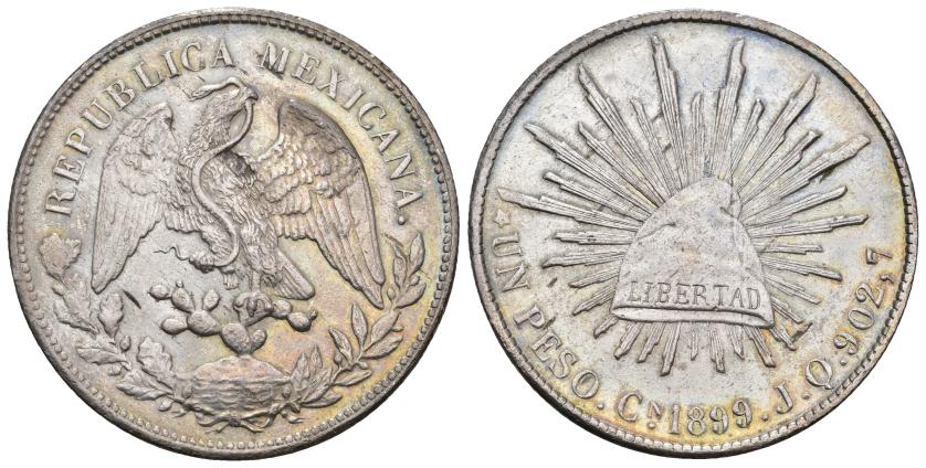 618   -  MONEDAS EXTRANJERAS. MÉXICO. 1 peso. 1899. Culiacán. JQ. AR 27,16 g. 38,8 mm. KM-409. EBC-/MBC+. Escasa.