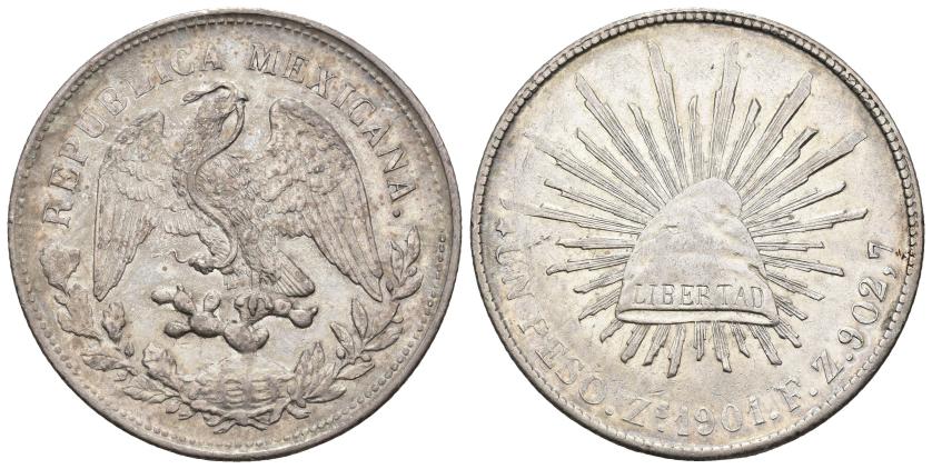 620   -  MONEDAS EXTRANJERAS. MÉXICO. 1 peso. 1901. Zacatecas. FZ. KM-409.3. AR 26,94 g. 39,3 mm. Pequeñas marcas. MBC+.