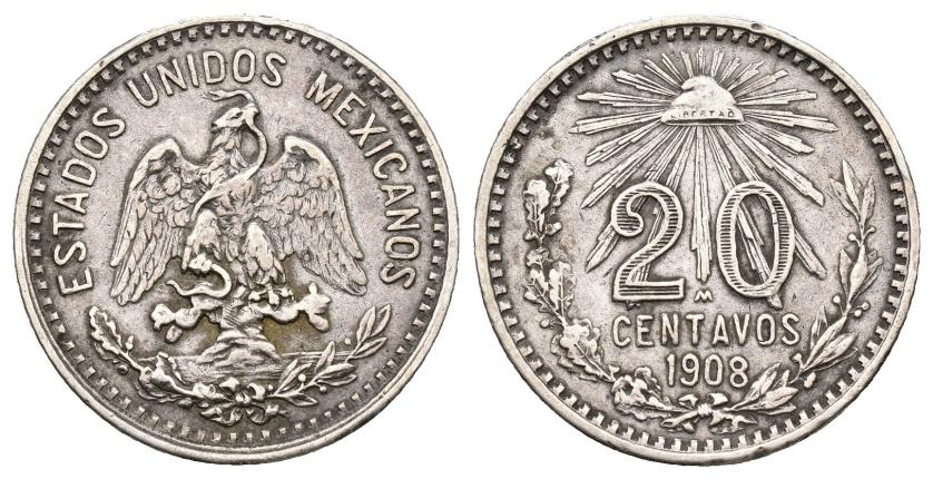 621   -  MONEDAS EXTRANJERAS. MÉXICO. 20 centavos. 1908. 4,97 g. 21,9 mm. KM-435. MBC+. Escasa.