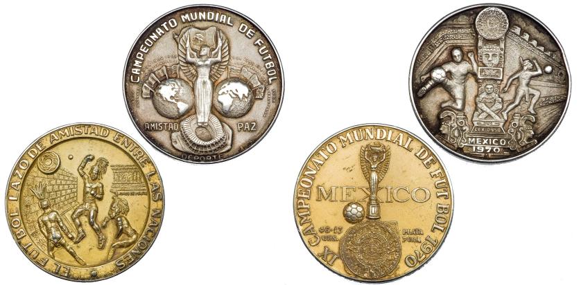 622   -  MONEDAS EXTRANJERAS. MÉXICO. Campeonato Mundial de Fútbol. 1970. Lote de 2 medallas de plata. AR 49 y 55 g. 45,3 y 46 mm. EBC.