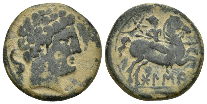 3036   -  HISPANIA ANTIGUA. BOLSKAN-OSCA. As. A/ Cabeza masculina a der., detrás delfín. R/ Jinete lancero a der., detrás estrella, debajo sobre línea BoLSKa(N). AE 10,36 g. 24,1 mm. I-1918. ACIP-1415. Pátina verde terrosa. BC+/MBC-. Escasa.