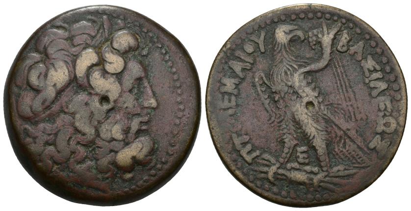 3052   -  GRECIA ANTIGUA. REINO PTOLEMAICO. Ptolomeo IV. AE. A/ Cabeza de Zeus-Amón a der. R/ Águila a izq. mirando atrás, detrás cornucopia, entre las patas E. AE 42,02 g. 40 mm. COP-224 ss. SNG-no. MBC-. 