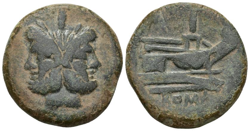 3057   -  REPÚBLICA ROMANA. Emisiones anónimas. As. Roma (post. 211 a.C.). A/ Cabeza de Jano. R/ Proa a der., encima valor, debajo ROMA. AE 31,10 g. 35 mm. CRAW-56.2. Pátina verde oscuro. MBC-. 