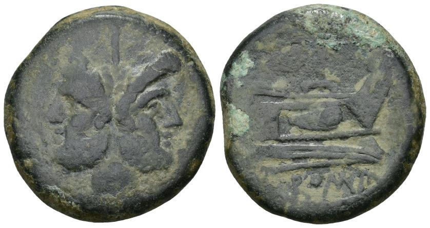 3058   -  REPÚBLICA ROMANA. Emisiones anónimas. As. Roma (post. 211 a.C.). A/ Cabeza de Jano. R/ Proa a der., encima valor, debajo ROMA. AE 34,07 g. CRAW-56.2. Pátina verde oscuro. BC+.