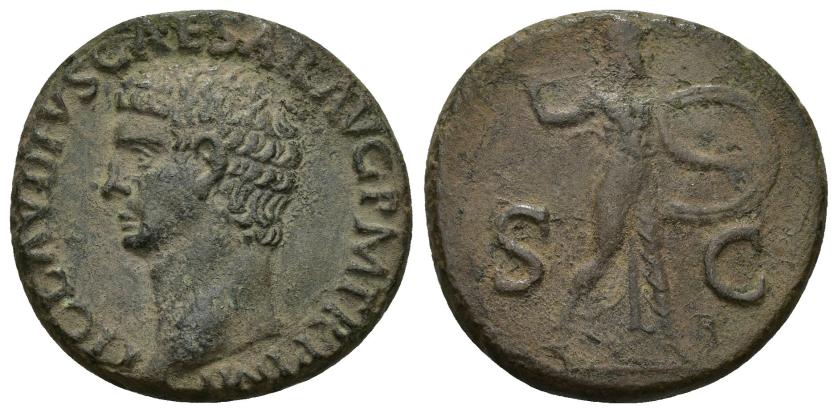 3064   -  IMPERIO ROMANO. CLAUDIO I. As. Roma (41-50 d.C.). A/ Busto a izq.; TI CLAVDIVS CAESAR AVG P M TR P IMP. R/ Minerva a der. con escudo y blandiendo jabalina; S-C. AE 11,20 g. 25,4 mm. RIC-100. MBC/MBC-. 