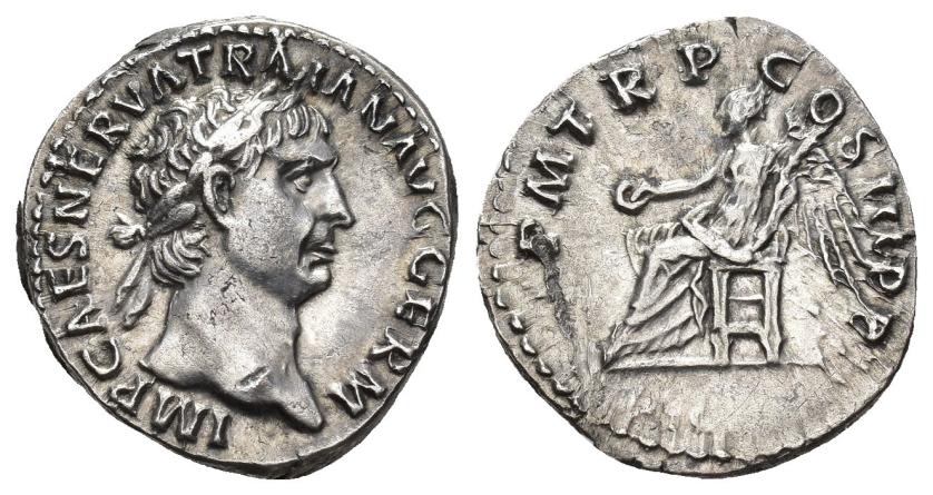 3069   -  IMPERIO ROMANO. TRAJANO. Denario. Roma (100). A/ Cabeza laureada a der.; IMP CAES NERVA TRAIAN AVG GERM. R/ Victoria sentada a izq. con palma y pátera; P M TR P COS III P P. AR 3,25 g. 18,8 mm. RIC-42. Golpecito en anv. y raya en rev. EBC-/MBC+.