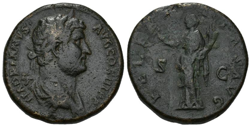 3074   -  IMPERIO ROMANO. ADRIANO. Sestercio. Roma (133-135). A/ Busto drapeado y laureado a der.; HADRIANVS AVG COS III P P. R/ Felicitas a izq.; FELICITAS AVG, S-C. AE 29,15 g. 31,4 mm. RIC-2109. Pátina oscura. MBC-/BC+.