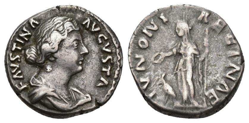 3081   -  IMPERIO ROMANO. FAUSTINA LA MENOR. Denario. Roma (161-176). A/ Busto drapeado a der.; FAVSTINA AVGVSTA. R/ Juno a izq. con pátera y cetro, delante pavo real; IVNONI REGINAE. AR 3,45 g. 17,2 mm. RIC-694. Cospel abierto. MBC-/BC+. 