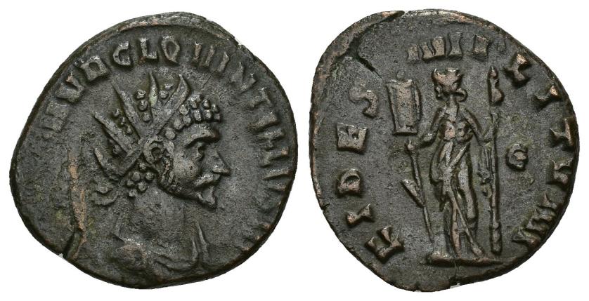 3099   -  IMPERIO ROMANO. QUINTILO. Antoniniano. Roma (270). A/ Busto radiado y drapeado a der.; (IMP C M) AVR CL QVINTILLVS AVG. R/ Fides a izq. con lanza y estandarte; FIDES MILITVM, en campo E. VE 4,18 g. 20,3 mm. RIC-18. Cospel abierto. MBC.