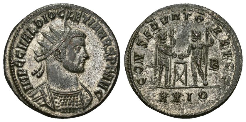 3102   -  IMPERIO ROMANO. DIOCLECIANO. Antoniniano. Siscia (289-290). A/ Busto radiado y acorazado a der.; IMP C C VAL DIOCLETIANVS P F AVG. R/ Diocleciano a der. con cetro frente a Júpiter, ambos ofrendando en altar; CONSERVATOR AVGG. -/B//XXIO. VE 4,01 g. 22,5 mm. RIC-264. R.P.O. EBC-. 