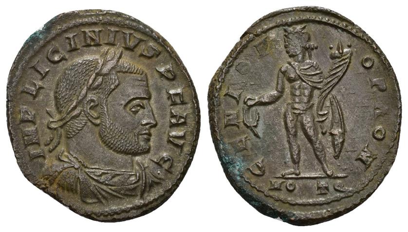 3145   -  IMPERIO ROMANO. LICINIO. Follis. Ostia (312-313). A/ Busto laureado, drapeado y acorazado a der.; IMP LICINIVS P F AVG. R/ Genio a izq. con pátera y cornucopia; GENIO POP ROM. -/-//MO(S)TQ. AE 5,15 g. 22,9 mm. RIC-77b. EBC-. Rara.