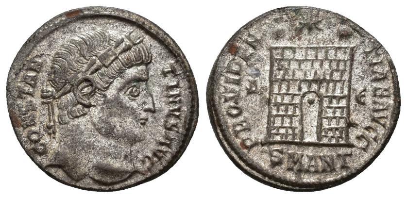 3153   -  IMPERIO ROMANO. CONSTANTINO I. Follis. Antioquía (326-327). A/ Cabeza laureada a der.; CONSTANTINVS AVG. R/ Puerta de campamento; PROVIDENTIAE AVGG. D/./E//SMANT. AE 2,77 g. 19,80  mm. RIC-71 vte. marca de ceca. P.O. EBC.