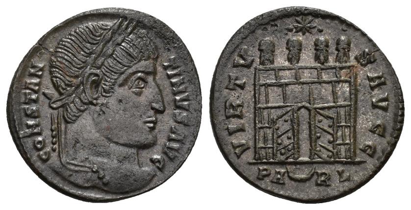 3158   -  IMPERIO ROMANO. CONSTANTINO I. Follis. Arelate (325-326). A/ Cabeza laureada a der.; CONSTANTINVS AVG. R/ Puerta de campamento con 4 torres y encima estrella; VIRTV-S AVGG. -/-//PA creciente RL. AE 2,31 g. 19,4 mm. RIC-291. Pequeñas marcas de acuñación. EBC.